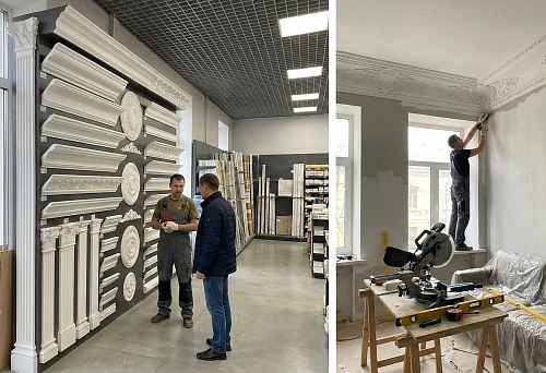 Polyurethane stucco in Vladimir: showroom with a large stand of cornices, moldings, rosettes and columns samples, selection before purchase