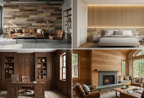 Living room with wood wall finishing in a modern style and leather furniture