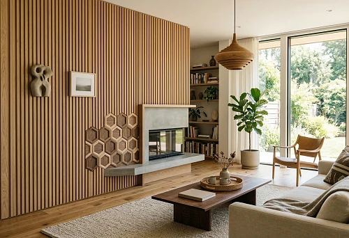 Wooden slatted panels and wooden ornament in a living room interior with a fireplace, light furniture, and large windows