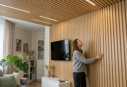 Wooden ceiling slat panels in a modern living room interior with a TV zone