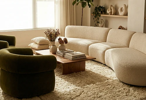 Soft Furniture 2026: Modular Cream Sofa with Rounded Sections and Green Armchairs in a Cozy Living Room