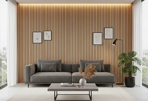 Modern Living Room with Wooden Slats on the Wall Creating Vertical Rhythm and Soft Lighting