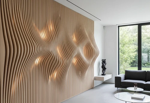 Modern interior with wavy wall made of beech slats with lighting
