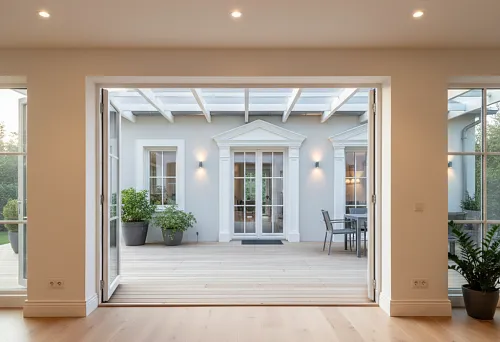 Interior with MDF Skirting Boards and View of the Facade with Decorative Moldings Above Doors