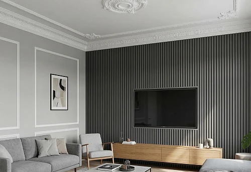 Combining MDF slat panels and polyurethane moldings in an interior with a high ceiling line