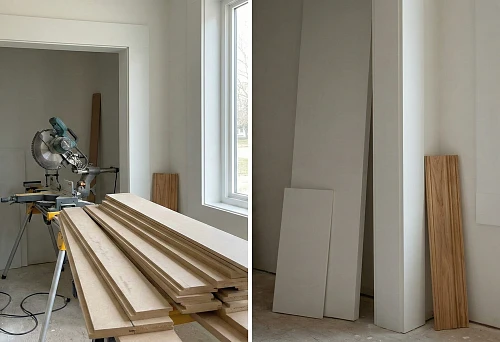 MDF Architraves for Doorways &ndash; Preparation for Installation: Wide White Framing Architrave on the Opening, Miter Saw and Profile Blanks in the Work Area