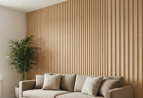 wooden slats on the wall in a modern interior with a beige sofa