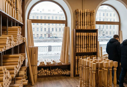 St. Petersburg showroom: bundled round wooden molding and sets of turned balusters for staircases on display