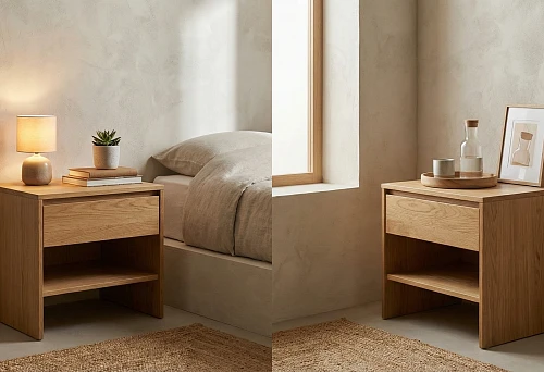 Solid wood cabinet for a small bedroom: compact wooden bedside table with a drawer and open shelf next to the bed