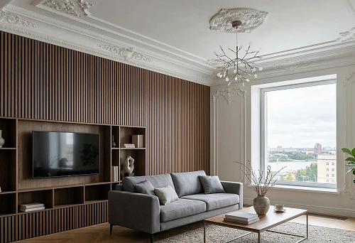 Slatted panels buy in Perm and ceiling stucco in a living room with a solid architectural composition of walls and ceiling
