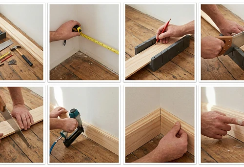 Tools for installing a wooden baseboard with your own hands: miter box, saw, tape measure, hammer, and fasteners