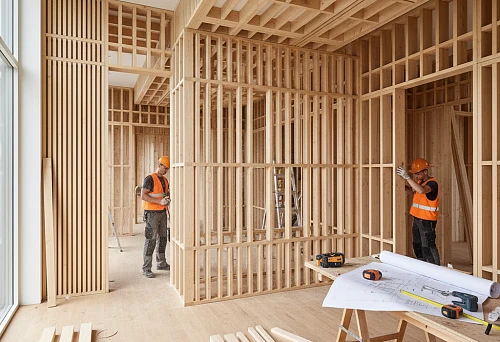 Wooden interior construction: workers install a frame made of timber, slats, and trims with tools and blueprints laid out.