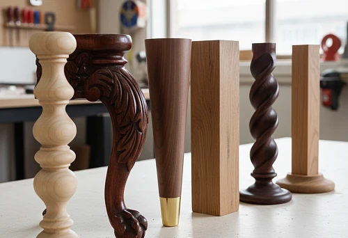 Furniture Legs and Supports in Various Shapes and Wood Types &mdash; Turned, Carved, Tapered, Square, and Screw Models in Oak, Beech, and Walnut from a Joinery Workshop