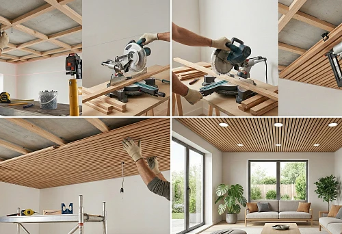 Frame for a slatted ceiling: installation of a wooden batten lathing and laser level marking for wooden slats