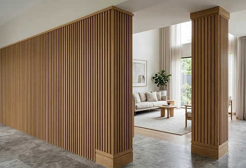 Slat panels for wall finishing and pilaster in a classic interior with a console, armchair, and soft lighting