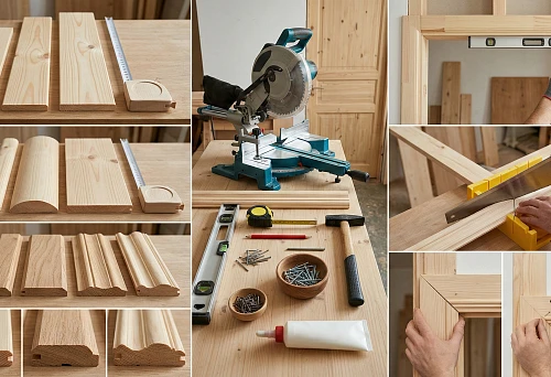 Types of wooden platbands: profile samples and blanks on the table for selecting shape and width