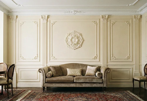 Polyurethane stucco on the wall: zoning with panels and a rosette in a classic living room with a sofa