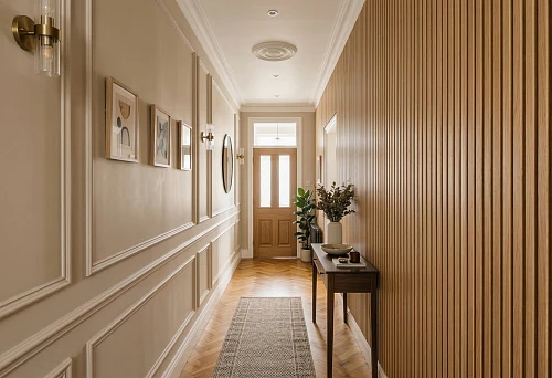 Narrow hallway with slat panels on one wall and molded decor with moldings on the opposite side