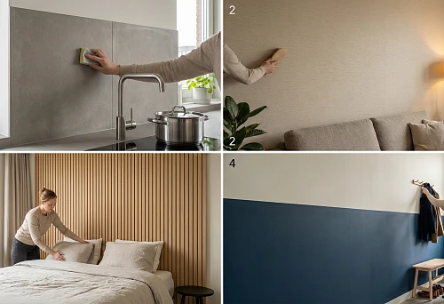 Washable wall finish in the kitchen with large-format panels above the work area.