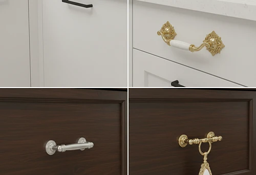 Comparison of furniture handles before and after replacement &mdash; minimalist and classic designer handles as a quick upgrade for the kitchen and living room without renovation