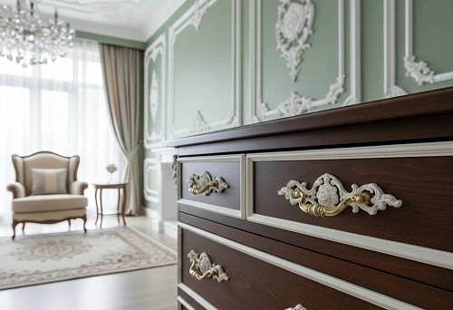 A dark wood chest of drawers with decorative furniture handles, whose relief echoes the classical moldings on the walls in an elegant interior.