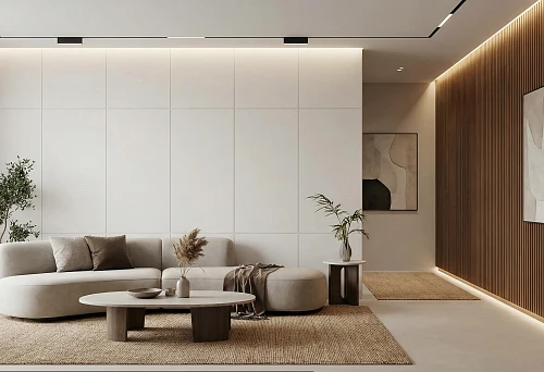 Modern living room with polyurethane panels and fluted walls &mdash; 2026 interior finishing trend