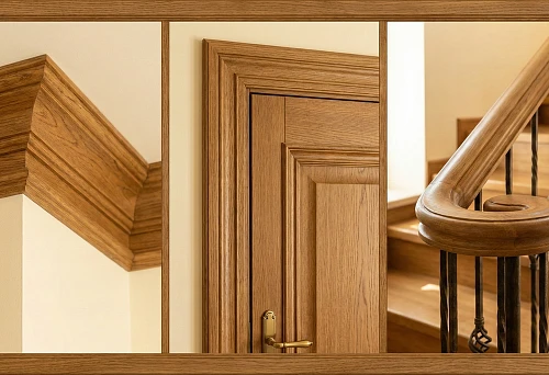 Wooden fillet at the junction of wall and ceiling, neat profile and warm wood texture
