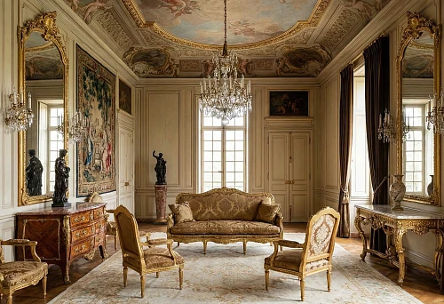 Baroque living room: gilded furniture, crystal chandelier, and ceiling painting