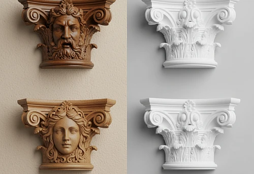 Carved wood and polyurethane mascarons in antique style.