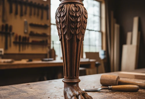 Carved dark wood furniture leg in the shape of a lion's paw with decorative finish and leaf ornament