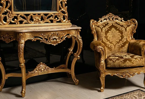 Baroque furniture: gilded console with carving and marble top