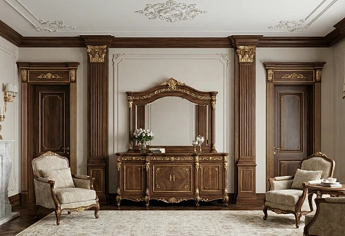 Solid wood moldings and STAVROS furniture in classic interiors: wooden portals, pilasters, and carved furniture with gilding