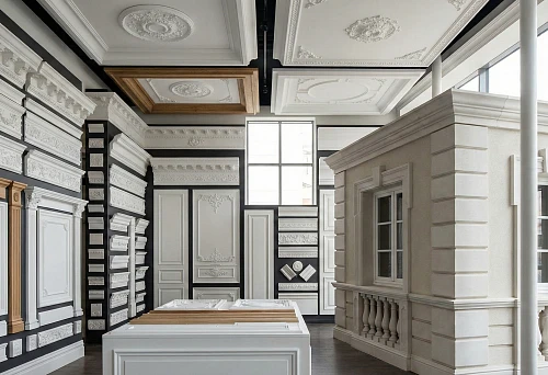 Buy decorative wall molding: samples of moldings and decorative frames in the salon interior