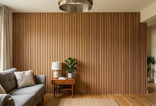 Wooden slat panels in a living room interior with warm natural texture, a gray sofa, and minimalist furniture
