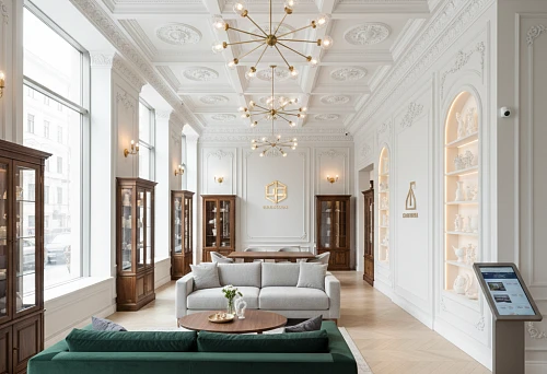 Showroom of designer furniture and molding in Moscow with classic ceiling decor