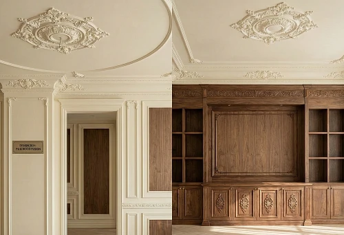 interior with polyurethane molding on the ceiling and columns, complemented by wooden panels