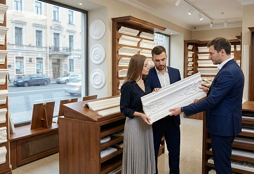 Customers choose polyurethane molding in a high-quality showroom