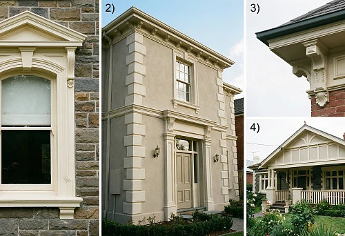 Polyurethane window facade design: trim, arched molding, and triangular pediment on a stone wall