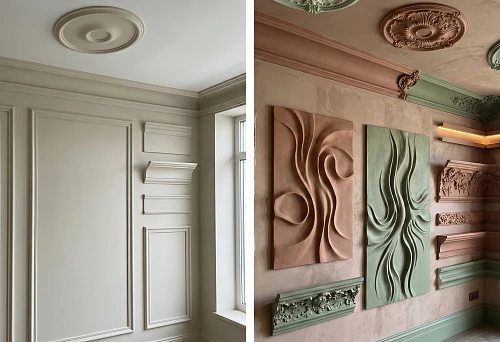 Comparison of stucco: on the left, a basic set with simple moldings and panels on a white wall; on the right, a complex set with rosettes, cornices, relief panels, and colored elements.