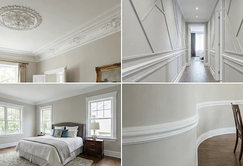 Polyurethane stucco in an apartment: ceiling rosette and cornice, wall panels with moldings and neat baseboards