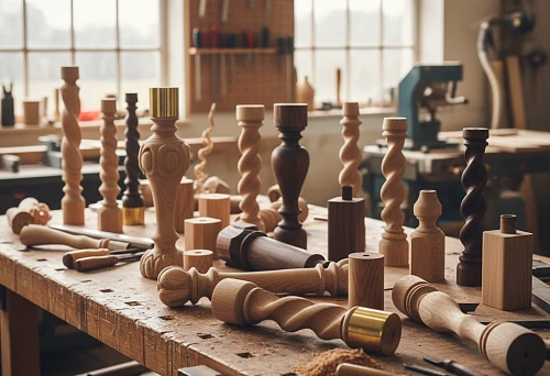 Various wooden furniture legs and supports on a workbench &mdash; conical, carved, cylindrical, and screw models