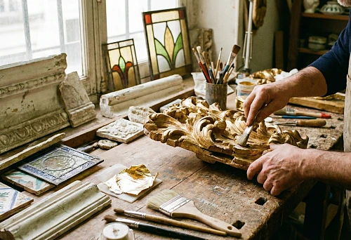 Restoration of decorative elements: a master applies gilding and restores carved ornamentation in the workshop