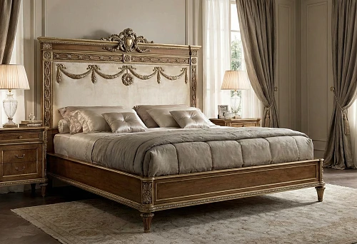 Classic bed with high headboard and decorative upholstered panels in a light bedroom