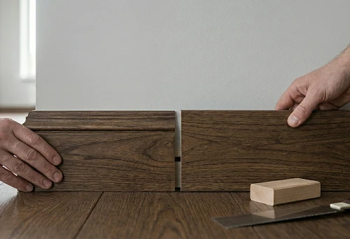 Wooden baseboard for parquet: fitting and joining along the length on a dark parquet floor