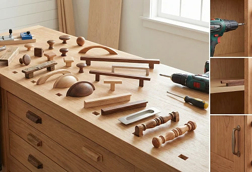 Solid wood furniture handles: set of brackets, knobs, and inset handles on a workbench, hardware selection