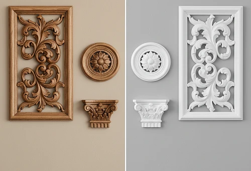 Comparison of wood and polyurethane overlays on contrasting walls