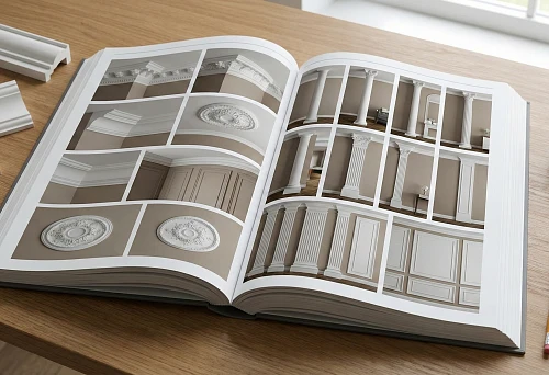 Catalog of polyurethane stucco with prices: examples of cornices, moldings, and rosettes in interior