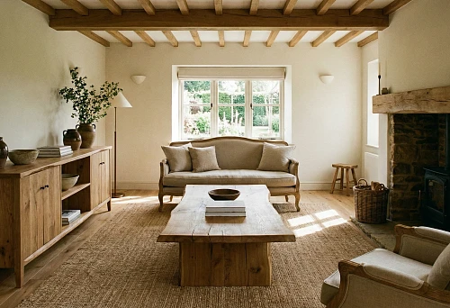 Living room with classic furniture: solid wood sofa and cabinet in a calm palette