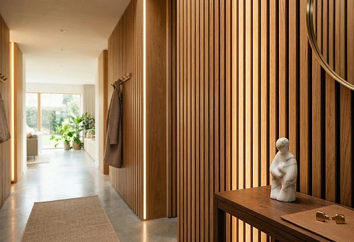 Wooden slat wall panel in a modern hallway with warm lighting and a console