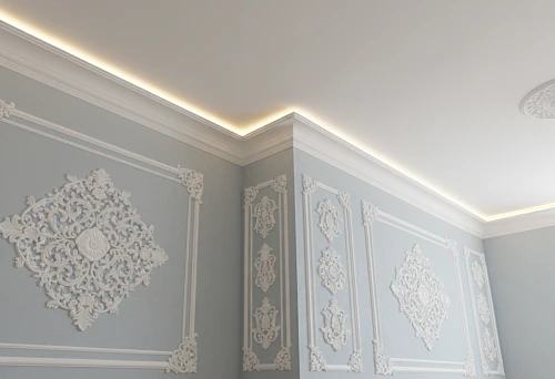 Interior with polystyrene and foam skirting boards and ceiling cornices in a unified ceiling and wall design style